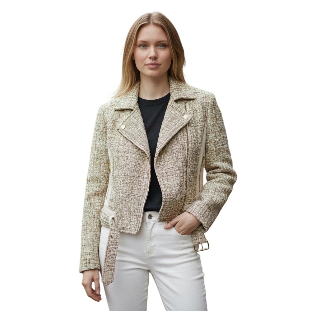 Badgley Mischka Tweed Sequin‎ Embellished Jacket Blazer Gold Zip Size S